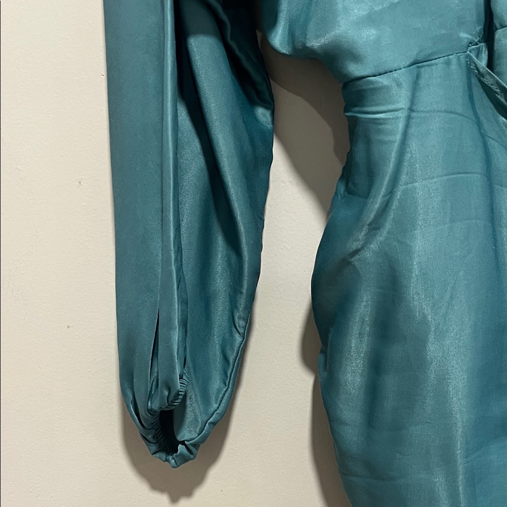Zara Teal Satin Wrap Dress with Front Tie - Picture 6 of 7
